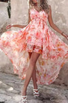 Robe Champêtre Mousseline Florale Rose À Volants Taille Haute Ligne A Ourlet Asymétrique