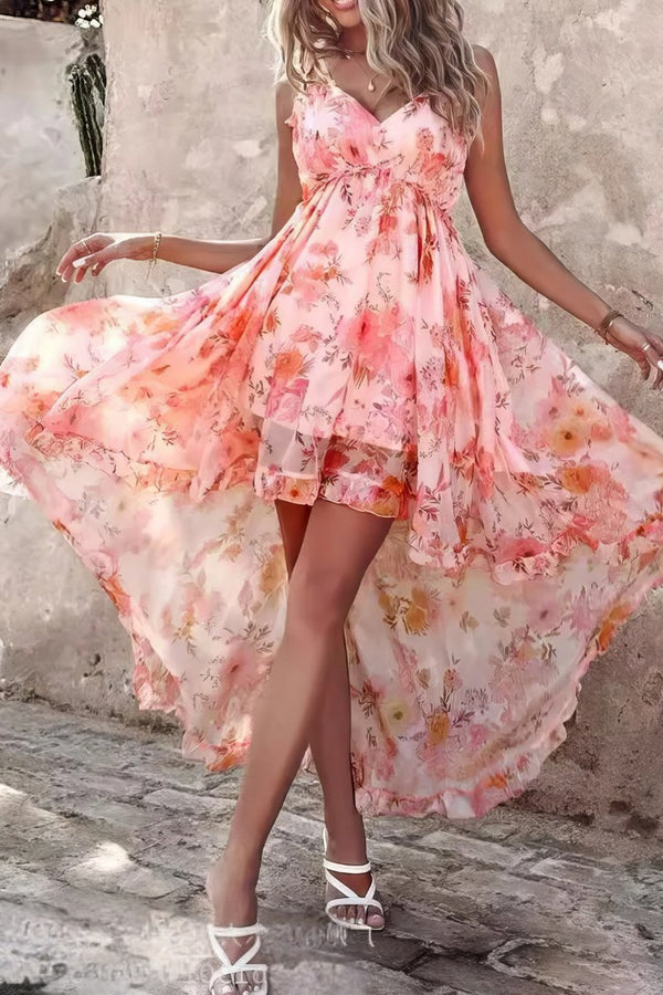 Robe Champêtre Mousseline Florale Rose À Volants Taille Haute Ligne A Ourlet Asymétrique