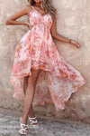 Robe Champêtre Mousseline Florale Rose À Volants Taille Haute Ligne A Ourlet Asymétrique