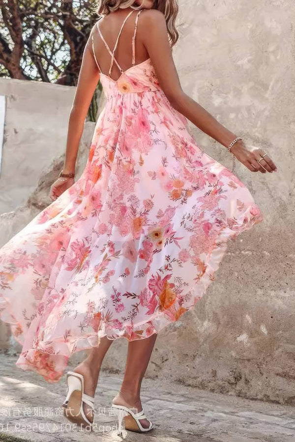 Robe Champêtre Mousseline Florale Rose À Volants Taille Haute Ligne A Ourlet Asymétrique