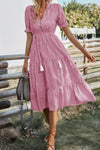 Robe Champêtre Rayée Col V Manches Courtes Taille Élastique Midi Évasée Été