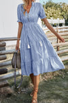 Robe Champêtre Rayée Col V Manches Courtes Taille Élastique Midi Évasée Été