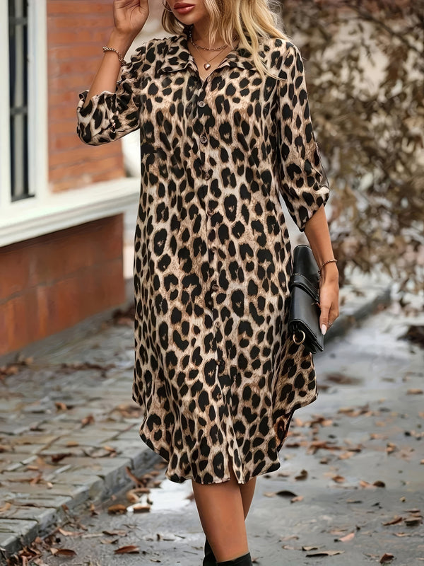 Robe Champêtre Robe Chemise Léopard Décontractée Manches Longues Boutonnée Col Chemise
