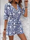 Robe Champêtre Robe Été Manches Courtes Col V Boutonnée Taille Ceinturée Imprimé Feuillage