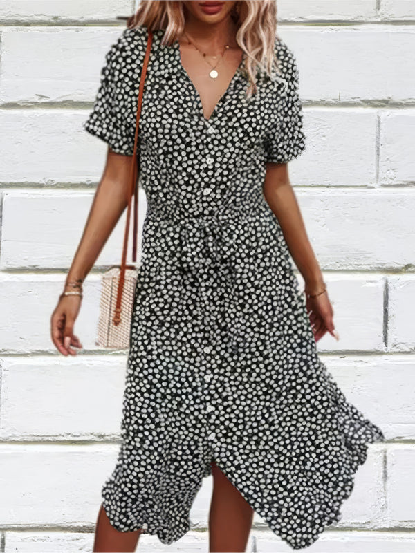 Robe Champêtre Robe Mi Longue Décontractée Col V Manches Courtes Ceinture Nouée Imprimé Floral Bohème Plage Été