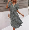 Robe Champêtre Robe Mi Longue Décontractée Col V Manches Courtes Ceinture Nouée Imprimé Floral Bohème Plage Été