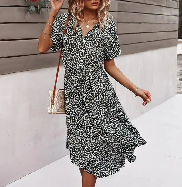 Robe Champêtre Robe Mi Longue Décontractée Col V Manches Courtes Ceinture Nouée Imprimé Floral Bohème Plage Été