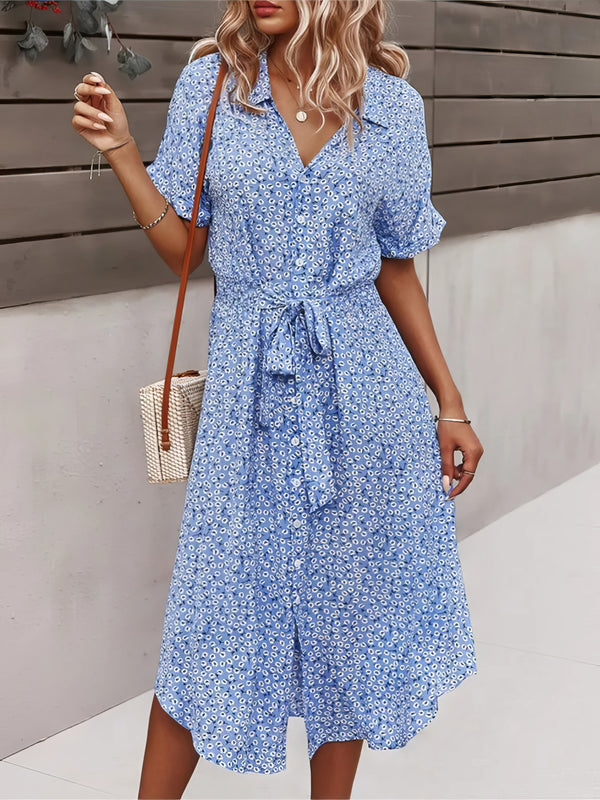 Robe Champêtre Robe Mi Longue Décontractée Col V Manches Courtes Ceinture Nouée Imprimé Floral Bohème Plage Été