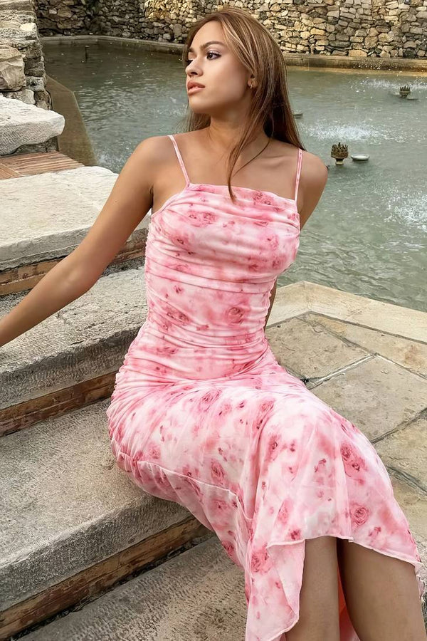 Robe Champêtre Rose À Imprimé Floral Coupe Moulante Bretelles Spaghetti Col Droite Longueur Midi