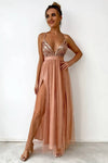 Robe Champêtre Sexy De Soirée Fendue Dos Nu Maxi À Paillettes Élégante À Bretelles
