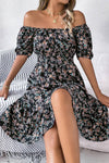 Robe Champêtre Trapèze À Fleurs Épaules Dénudées Manches Bouffantes Longueur Midi