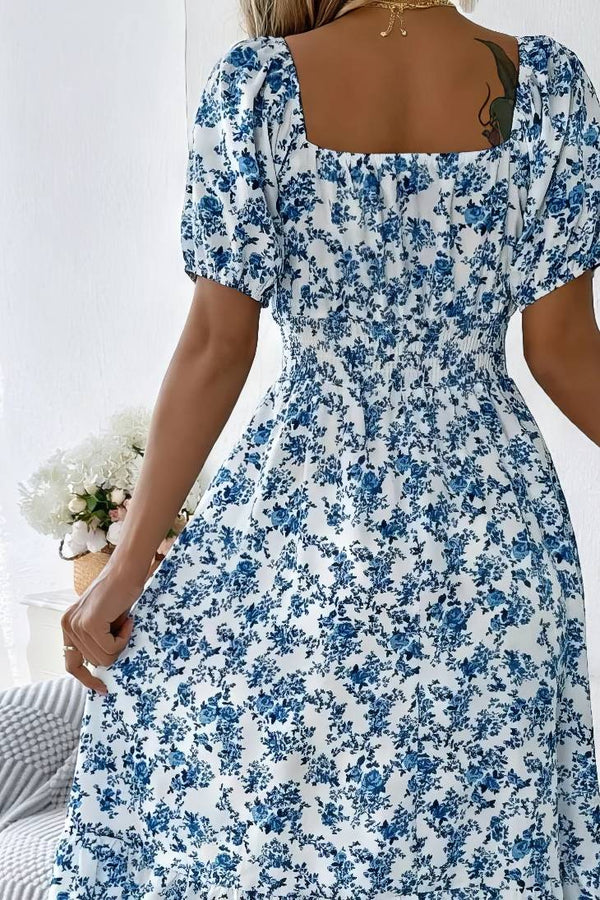 Robe Champêtre Trapèze À Fleurs Épaules Dénudées Manches Bouffantes Longueur Midi