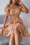 Robe Champêtre Trapèze À Fleurs Épaules Dénudées Manches Bouffantes Longueur Midi