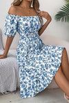 Robe Champêtre Trapèze À Fleurs Épaules Dénudées Manches Bouffantes Longueur Midi