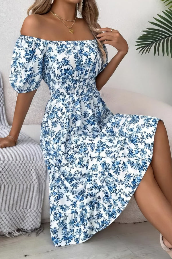 Robe Champêtre Trapèze À Fleurs Épaules Dénudées Manches Bouffantes Longueur Midi
