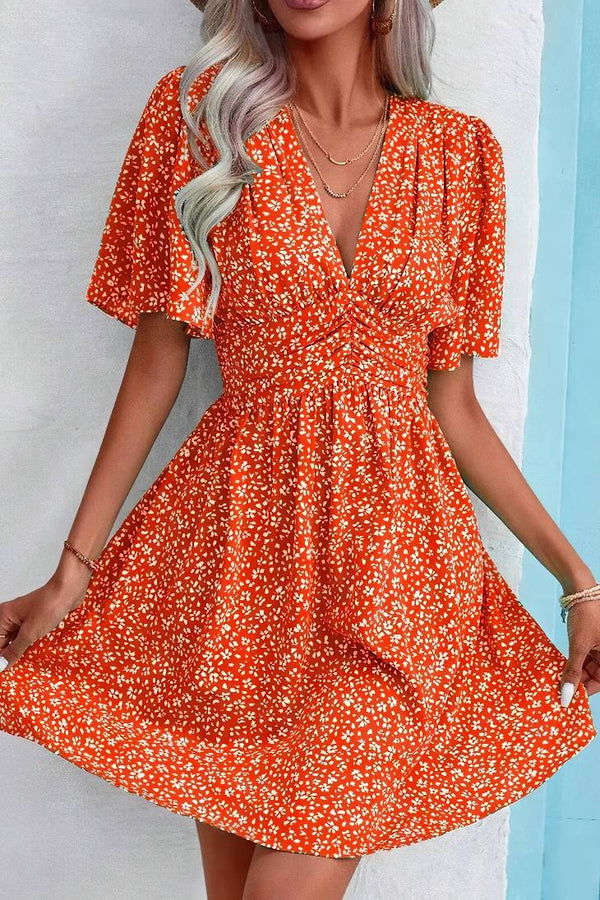 Robe Champêtre Trapèze Orange À Fleurs Manches Papillon Col V