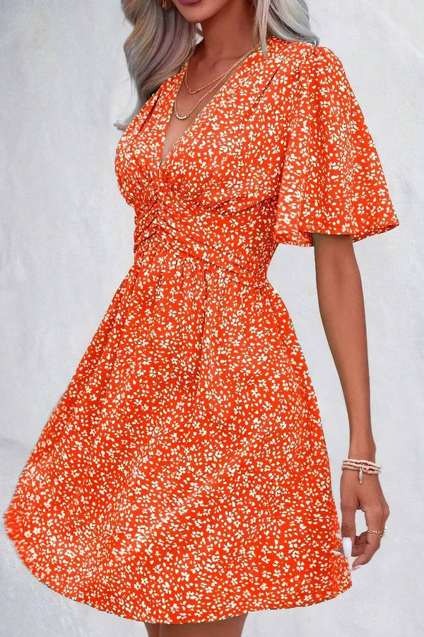 Robe Champêtre Trapèze Orange À Fleurs Manches Papillon Col V