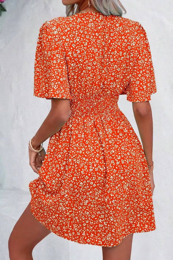 Robe Champêtre Trapèze Orange À Fleurs Manches Papillon Col V