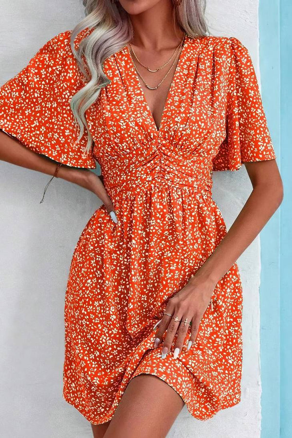 Robe Champêtre Trapèze Orange À Fleurs Manches Papillon Col V