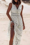Robe Champêtre Bohème Dentelle Col V Sans Manches Longue Été Décontractée Plage