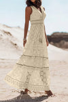 Robe Champêtre Bohème Dentelle Col V Sans Manches Longue Été Décontractée Plage
