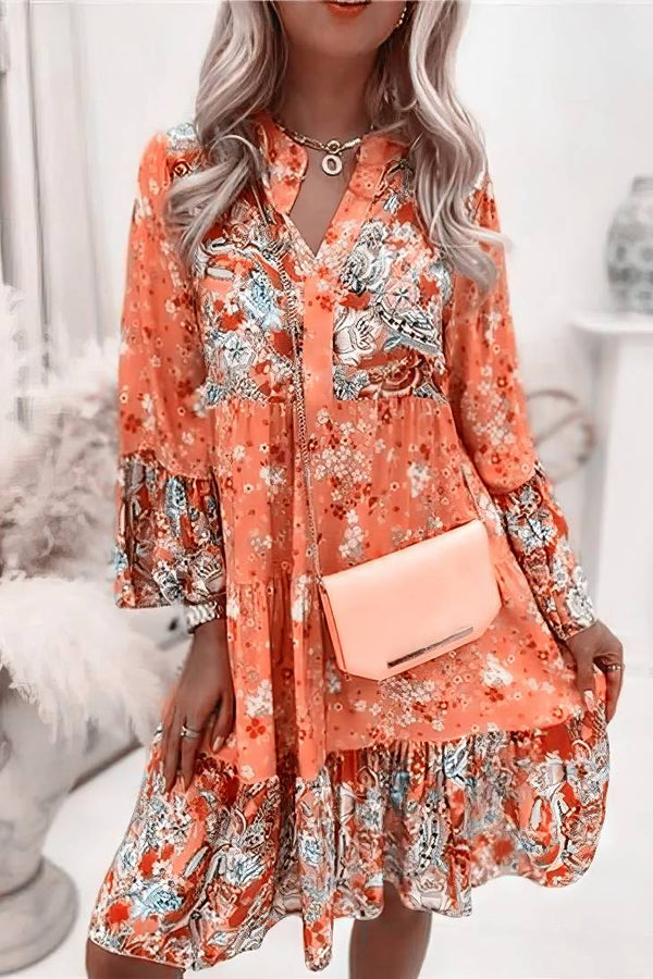 Robe Champêtre Bohème Fleurie Ample Col En V Manches Longues Robe De Plage