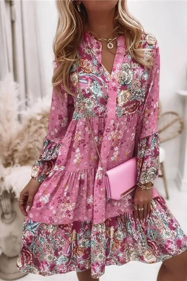 Robe Champêtre Bohème Fleurie Ample Col En V Manches Longues Robe De Plage