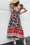 Robe Champêtre Bohème Florale Col V Manches Volantées Taille Smockée Fendue Longue Été