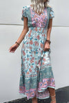 Robe Champêtre Bohème Florale Col V Manches Volantées Taille Smockée Fendue Longue Été