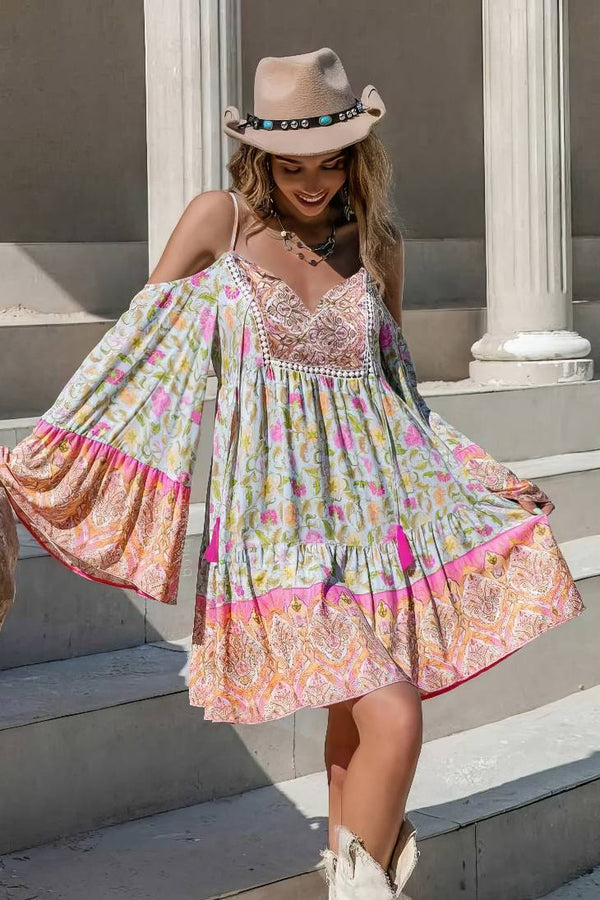 Robe Champêtre Bohème Fluide Épaule Dénudée Manches Évasées Dentelle Col V Imprimé Floral