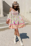 Robe Champêtre Bohème Fluide Épaule Dénudée Manches Évasées Dentelle Col V Imprimé Floral