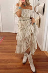 Robe Champêtre Bohème Longue En Dentelle Épaules Dénudées Dos Nu Volantée Ourlet Asymétrique Été Blanc