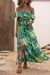 Robe Champêtre Bohème Longue Épaules Dénudées Imprimé Feuillage Fente Latérale À Volants