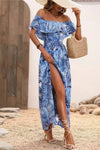 Robe Champêtre Bohème Longue Épaules Dénudées Imprimé Feuillage Fente Latérale À Volants