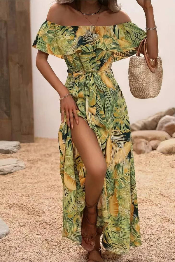 Robe Champêtre Bohème Longue Épaules Dénudées Imprimé Feuillage Fente Latérale À Volants