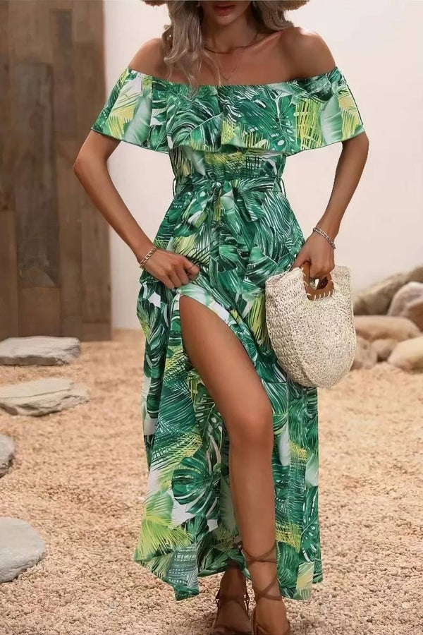 Robe Champêtre Bohème Longue Épaules Dénudées Imprimé Feuillage Fente Latérale À Volants