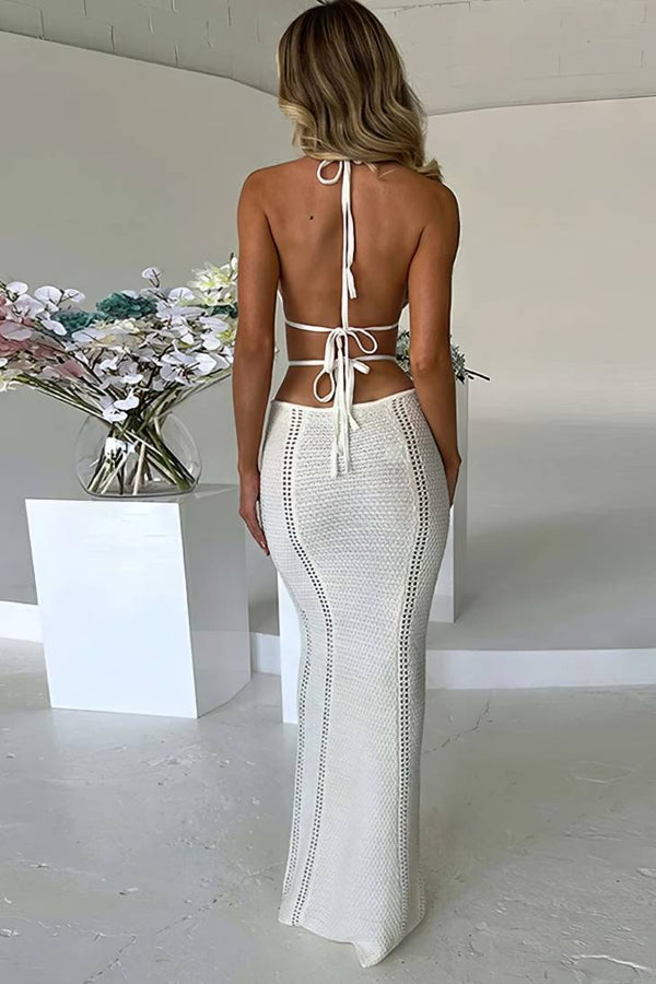 Robe Champêtre Bohème Midi Maille Crochet Col Licou Dos Nu Moulante À Découpes