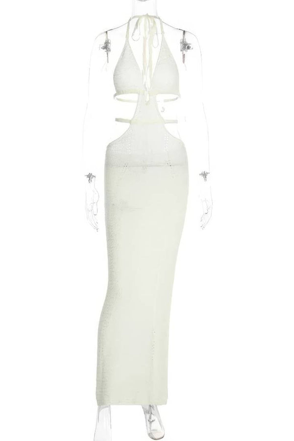 Robe Champêtre Bohème Midi Maille Crochet Col Licou Dos Nu Moulante À Découpes