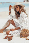 Robe Champêtre Bohème Mini Dentelle Blanche Col V Manches Longues Évasées Robe De Plage