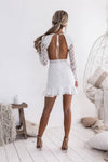 Robe Champêtre Bohème Mini Dentelle Blanche Dos Nu Manches Longues Taille Haute Moulante