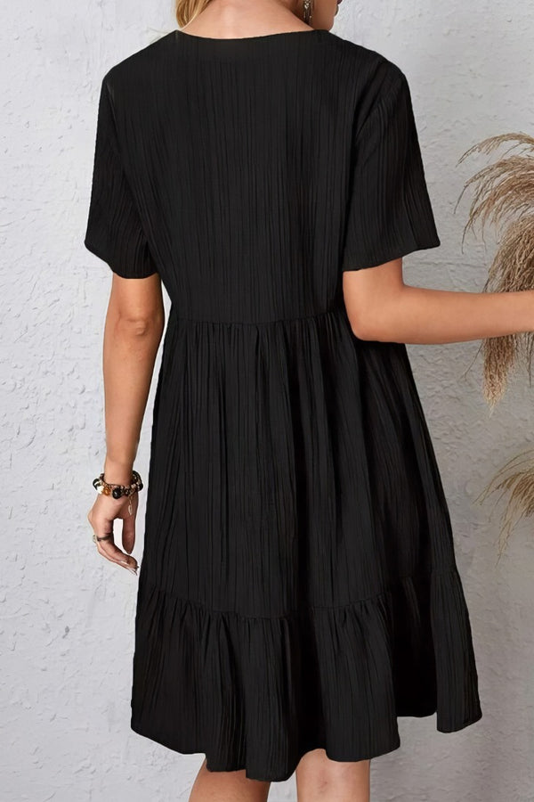 Robe Champêtre Col En V Manches Courtes Coupe A-Line