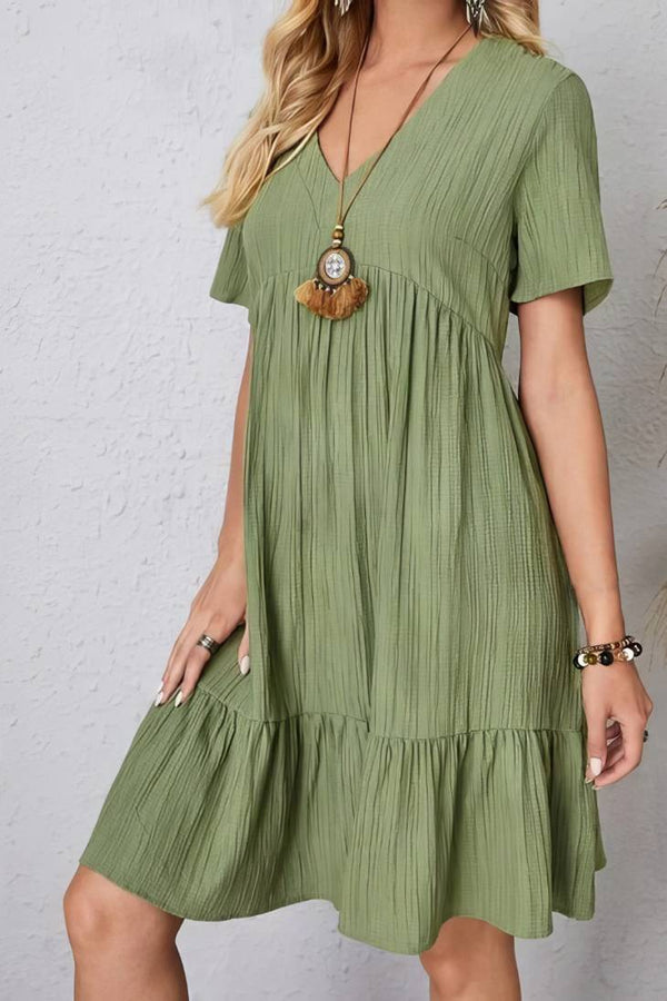Robe Champêtre Col En V Manches Courtes Coupe A-Line