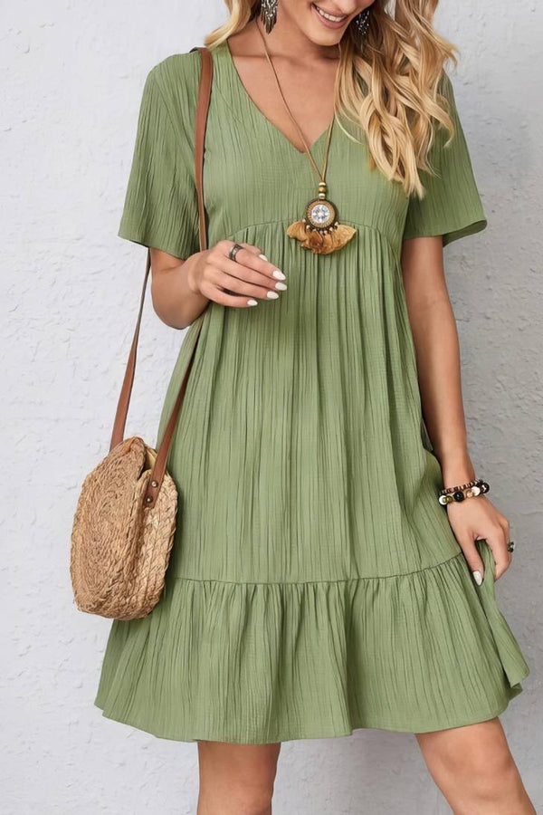 Robe Champêtre Col En V Manches Courtes Coupe A-Line