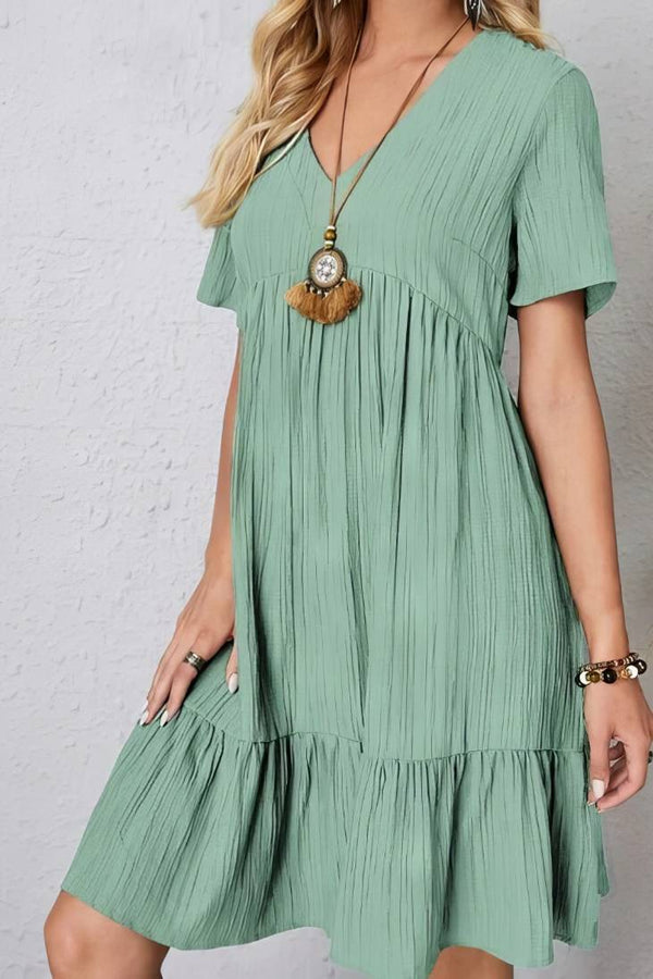 Robe Champêtre Col En V Manches Courtes Coupe A-Line