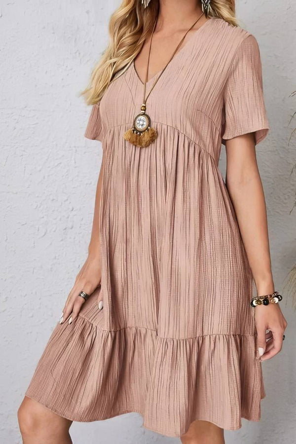 Robe Champêtre Col En V Manches Courtes Coupe A-Line