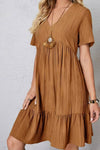 Robe Champêtre Col En V Manches Courtes Coupe A-Line