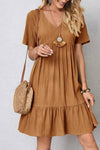 Robe Champêtre Col En V Manches Courtes Coupe A-Line
