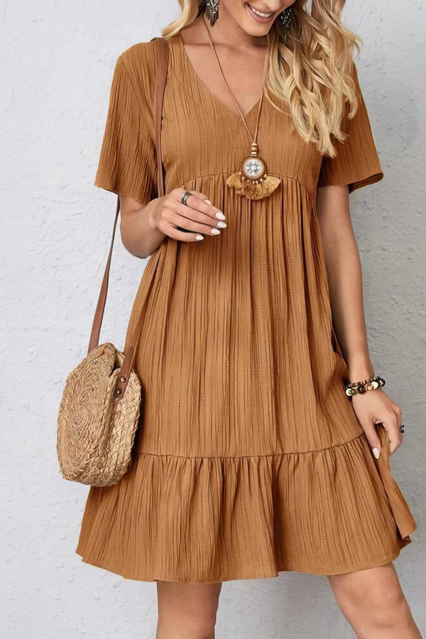 Robe Champêtre Col En V Manches Courtes Coupe A-Line