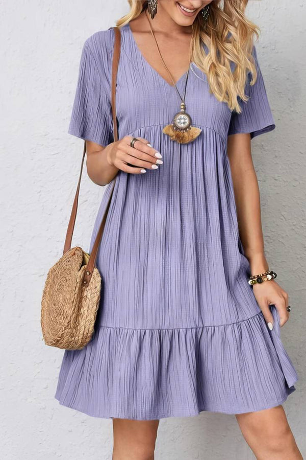 Robe Champêtre Col En V Manches Courtes Coupe A-Line