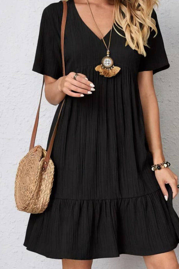 Robe Champêtre Col En V Manches Courtes Coupe A-Line